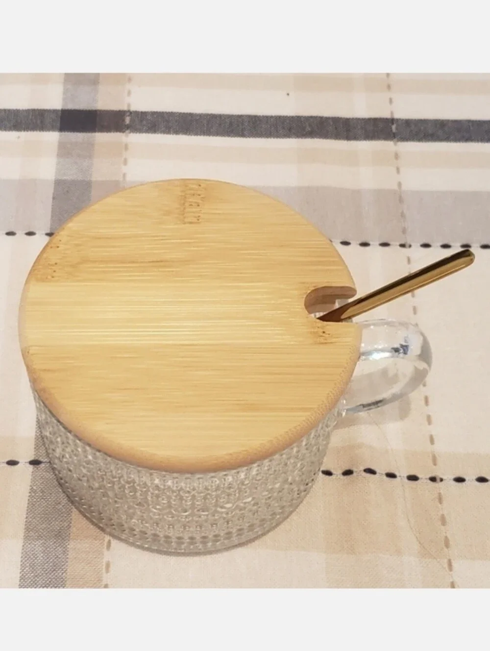 14oz. Vintage Style Glass Coffee Mug with Golden Spoon and Bamboo Lid
